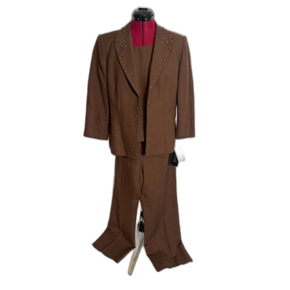NWT Kasper Pantsuit Size 12P Brown 3-Piece Set Blazer/Tank & Pants Linen Blend